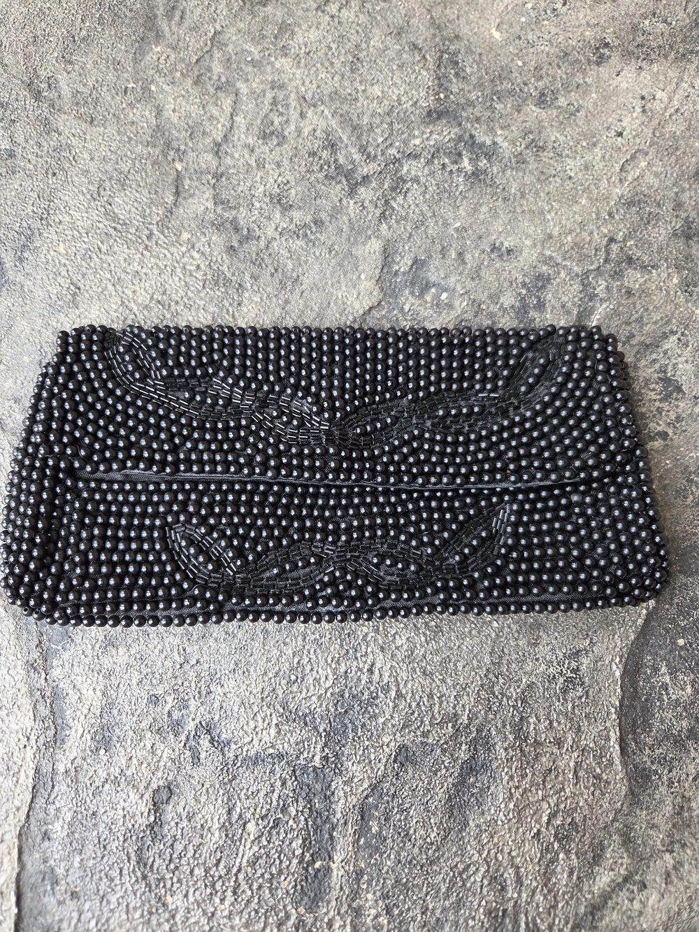 Vintage 1960s Hand Beaded Black Clutch Handbag